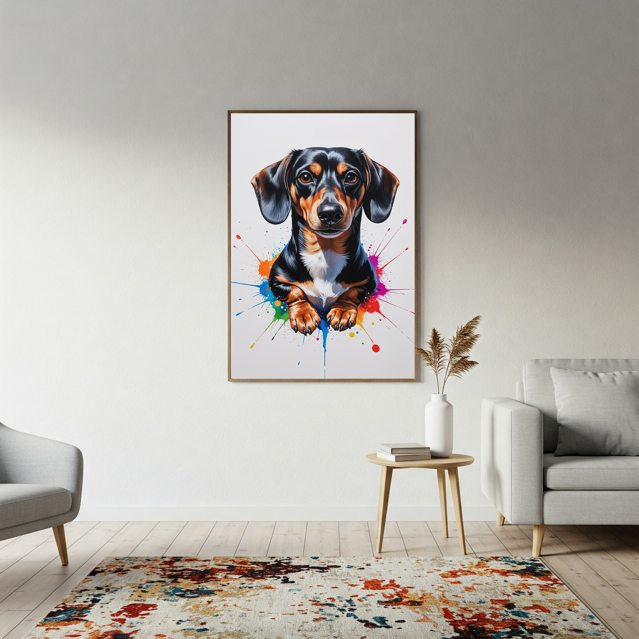 Colorful dachshund digital art by Reflectionare featuring a vibrant, multicolored illustration of a playful dachshund dog.
