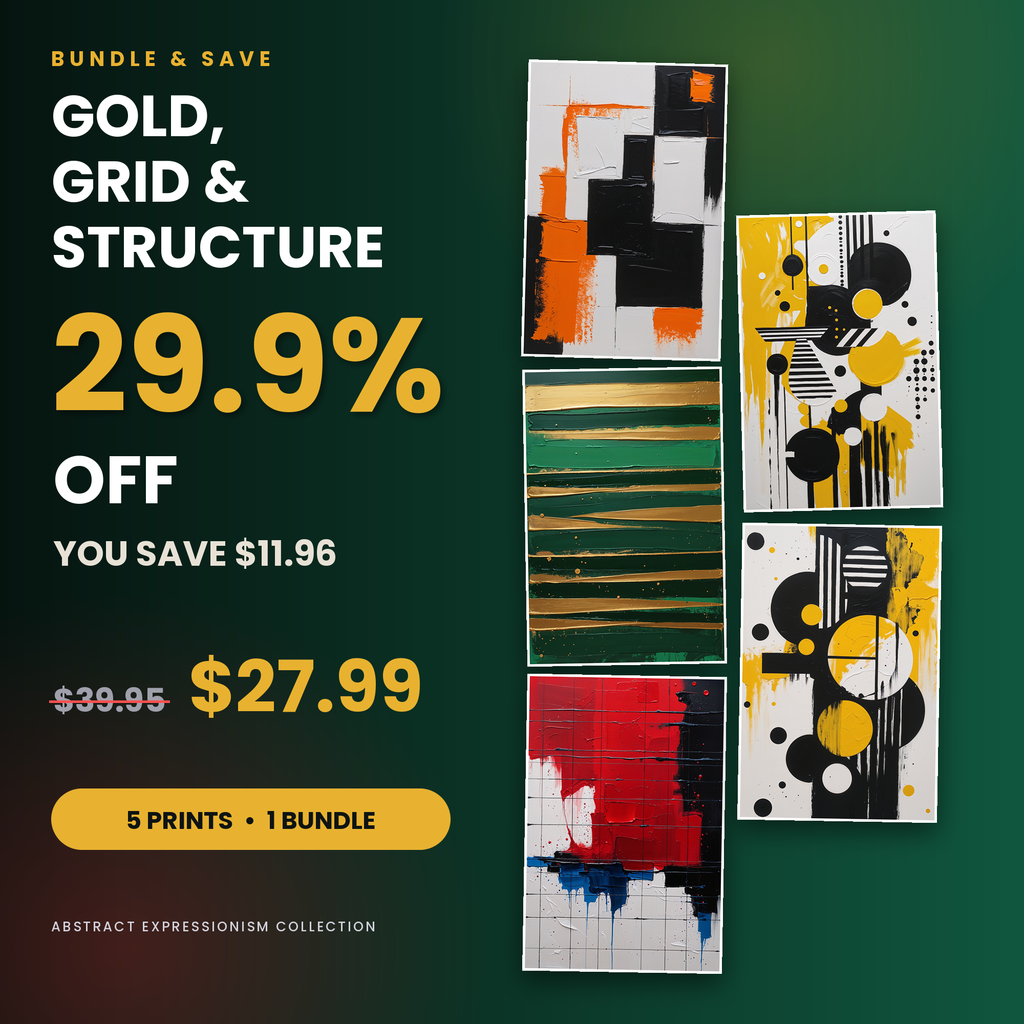 Gold, Grid & Structure - 5 Premium Abstract Wall Art Prints Bundle