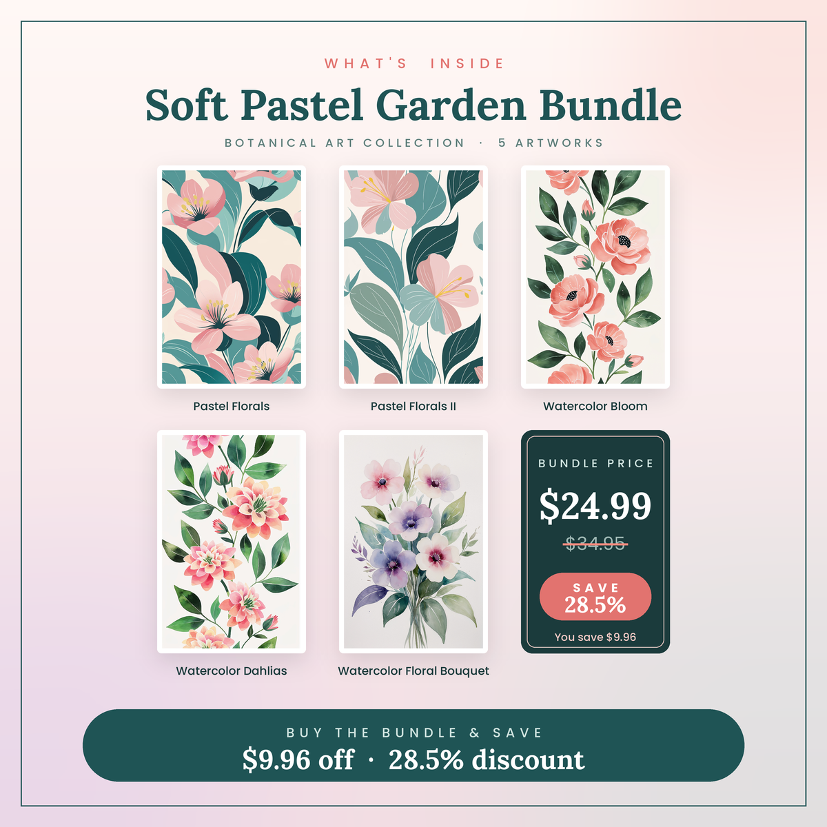 Soft Pastel Garden - 5 Premium Botanical Wall Art Prints Bundle