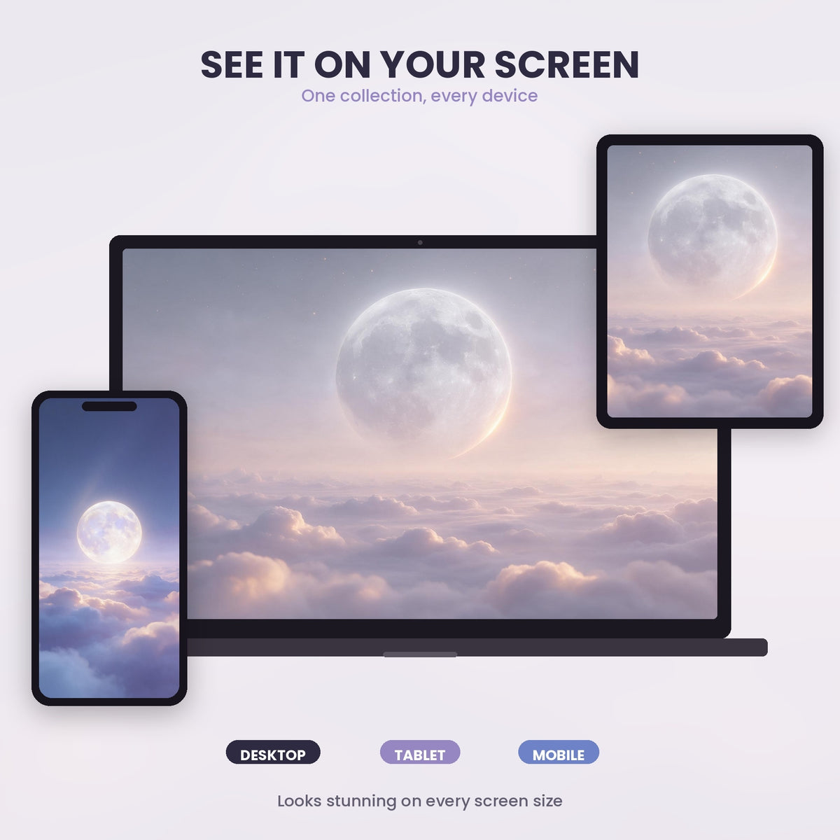 Moon Above the Clouds wallpaper displayed across desktop, tablet and mobile screens