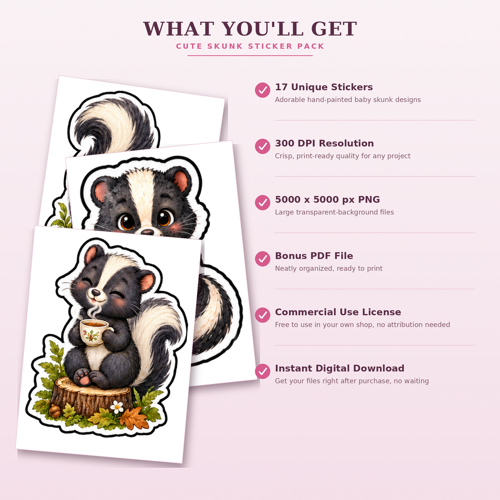 Cute Skunk Stickers PNG Clipart Pack | Digital Download