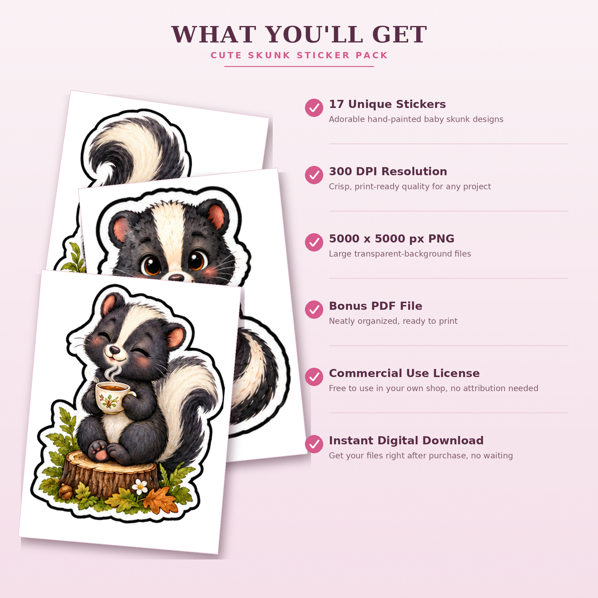 Cute Skunk Stickers PNG Clipart Pack | Digital Download