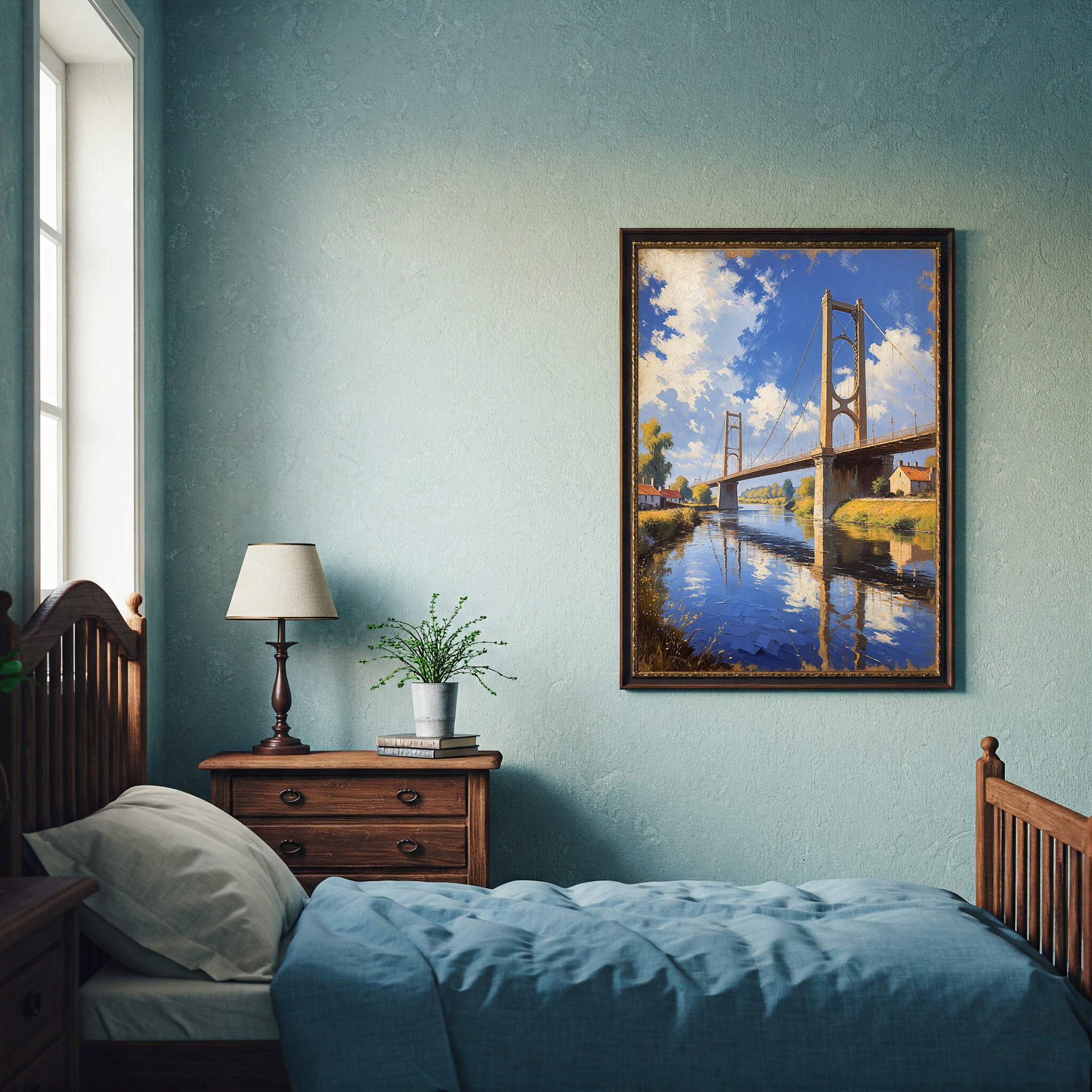 Vintage Suspension Bridge River Painting Wall Art | Digital Download