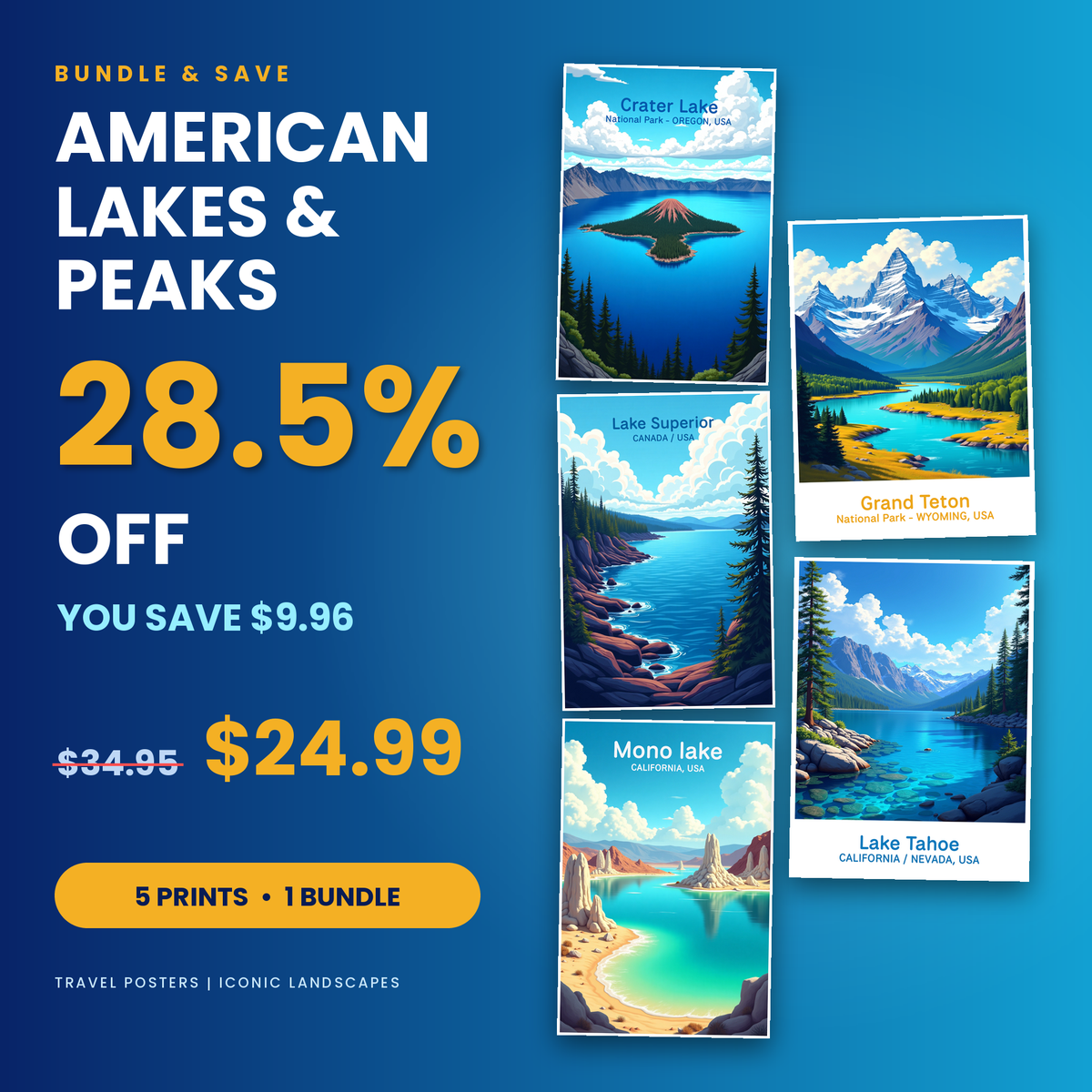 American Lakes & Peaks - 5 Premium Wall Art Prints Bundle