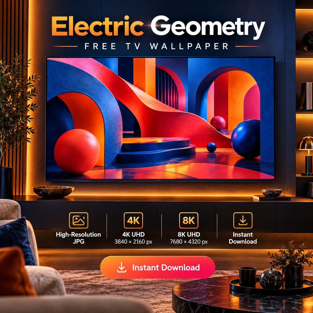 Electric Geometry red and blue geometric wallpaper displayed on a television in a modern living room