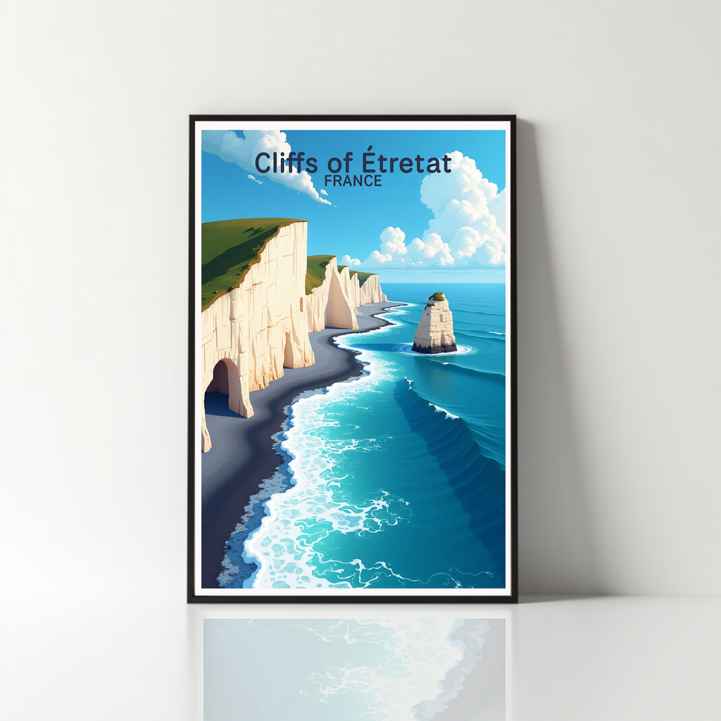 Digital art of the Cliffs of Étretat by Reflectionare, showcasing dramatic coastal cliffs and rugged seaside scenery.