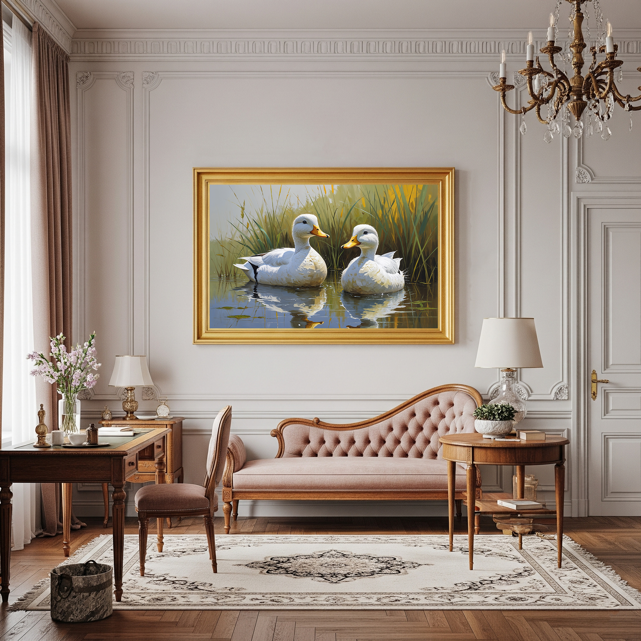 Vintage White Ducks Pond Painting Wall Art | Digital Download