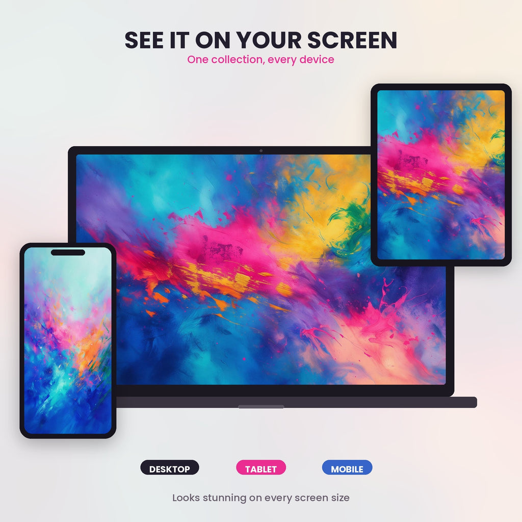 Colorful abstract wallpaper displayed on desktop, laptop, tablet and phone screens