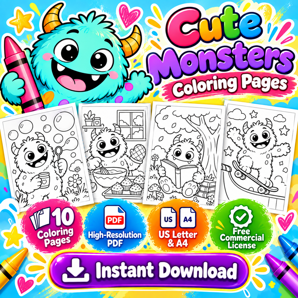 Cute Monsters A4 and US Letter coloring page download preview
