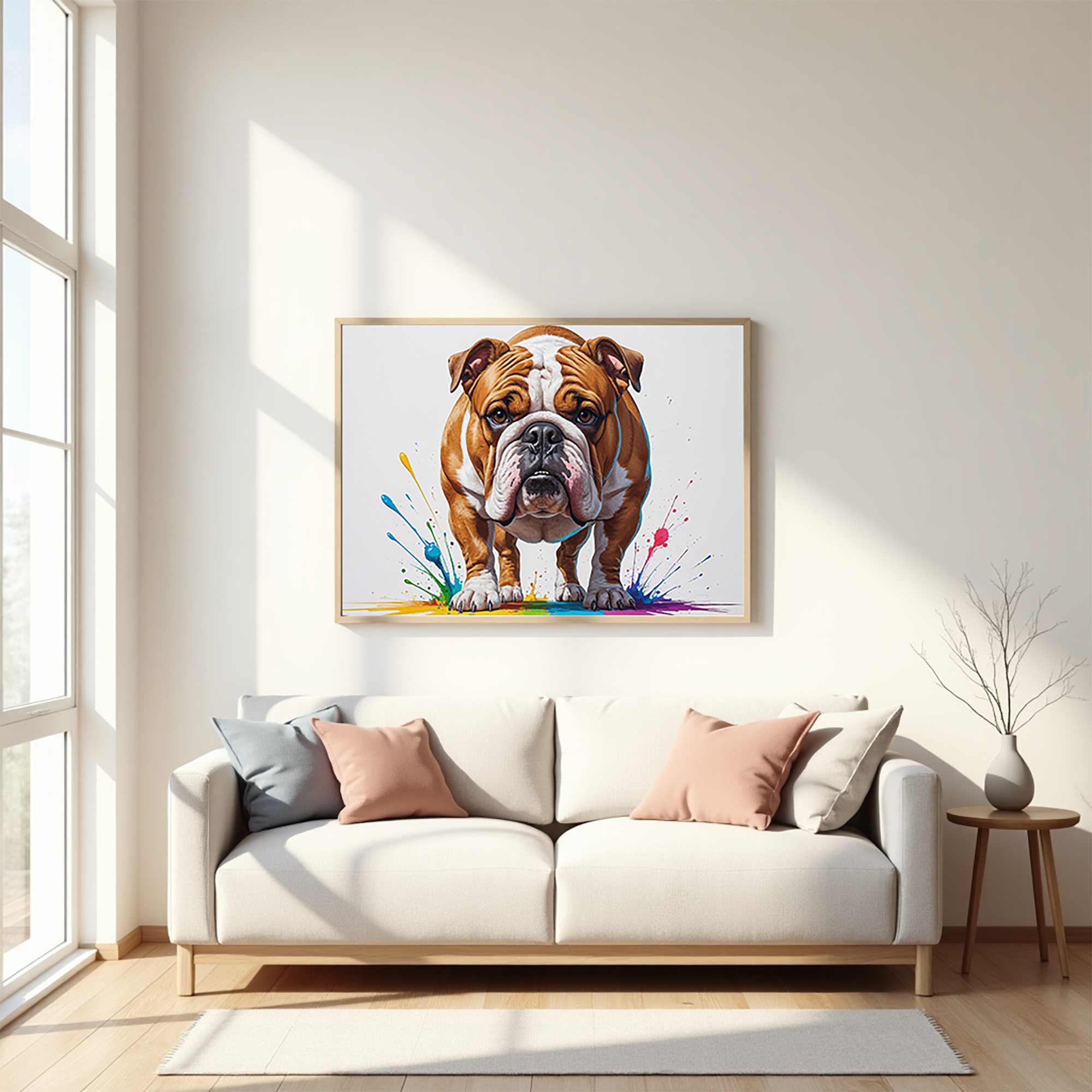 Colorful digital art of a bulldog by Reflectionare showcasing vibrant abstract and whimsical design elements.