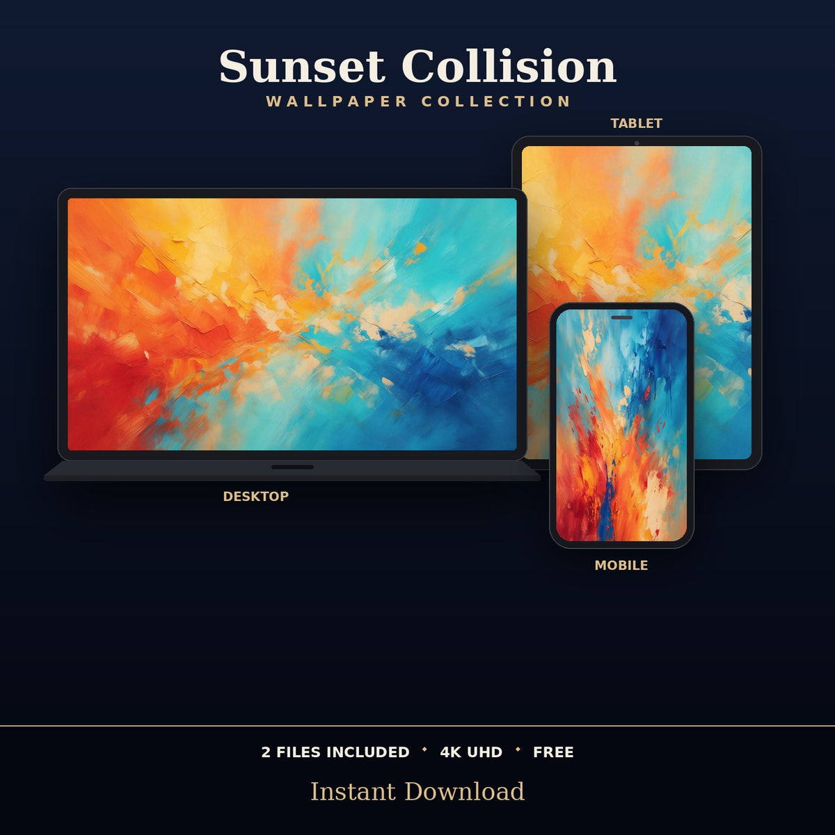 Sunset Collision wallpaper displayed on desktop, tablet and phone screens