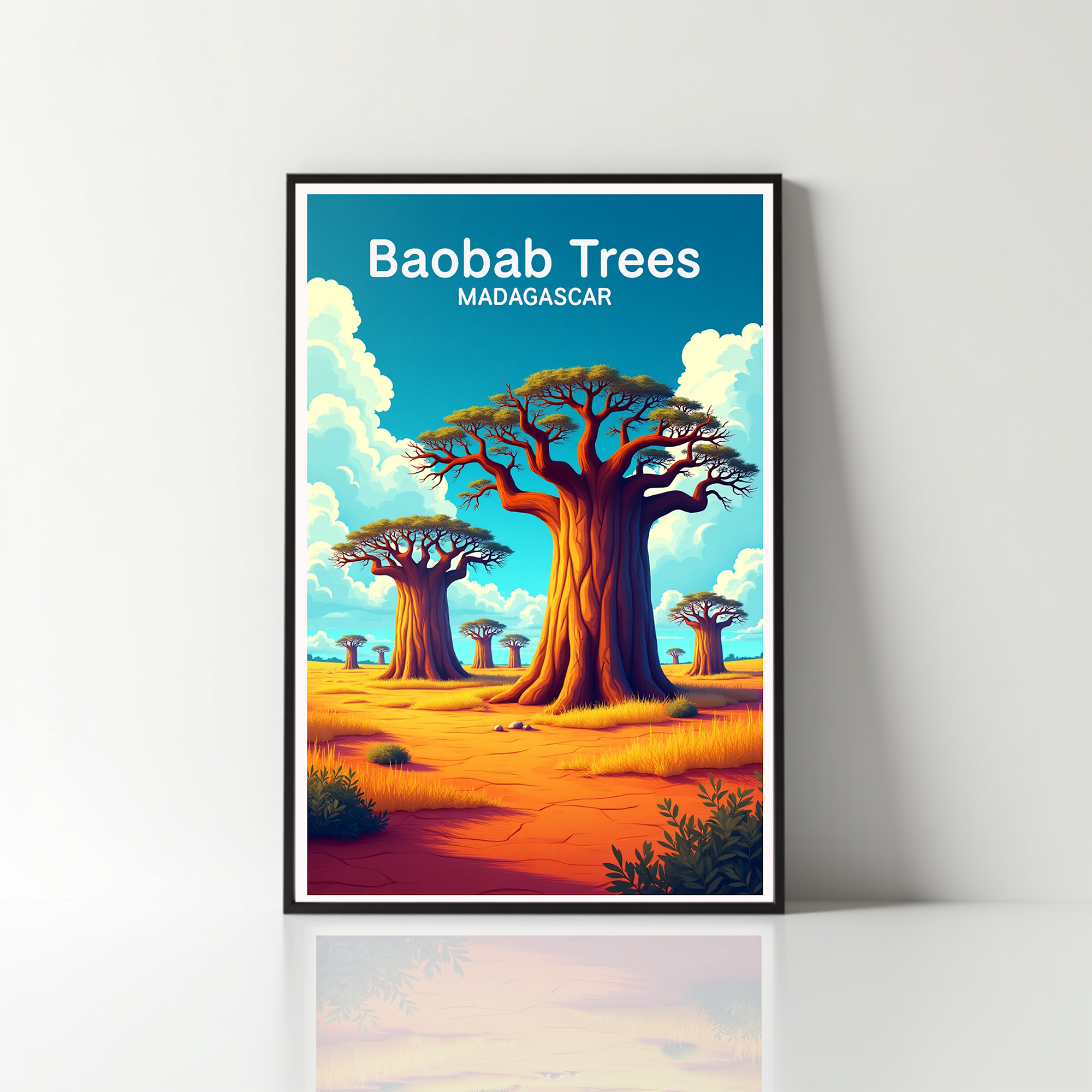 Digital art of Baobab trees by Reflectionare, featuring vibrant colors and detailed tree silhouettes in a natural landscape scene.