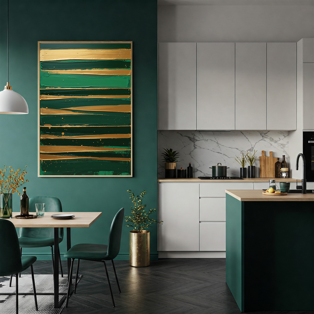 Golden Brushstrokes Green Abstract Wall Art | Digital Download