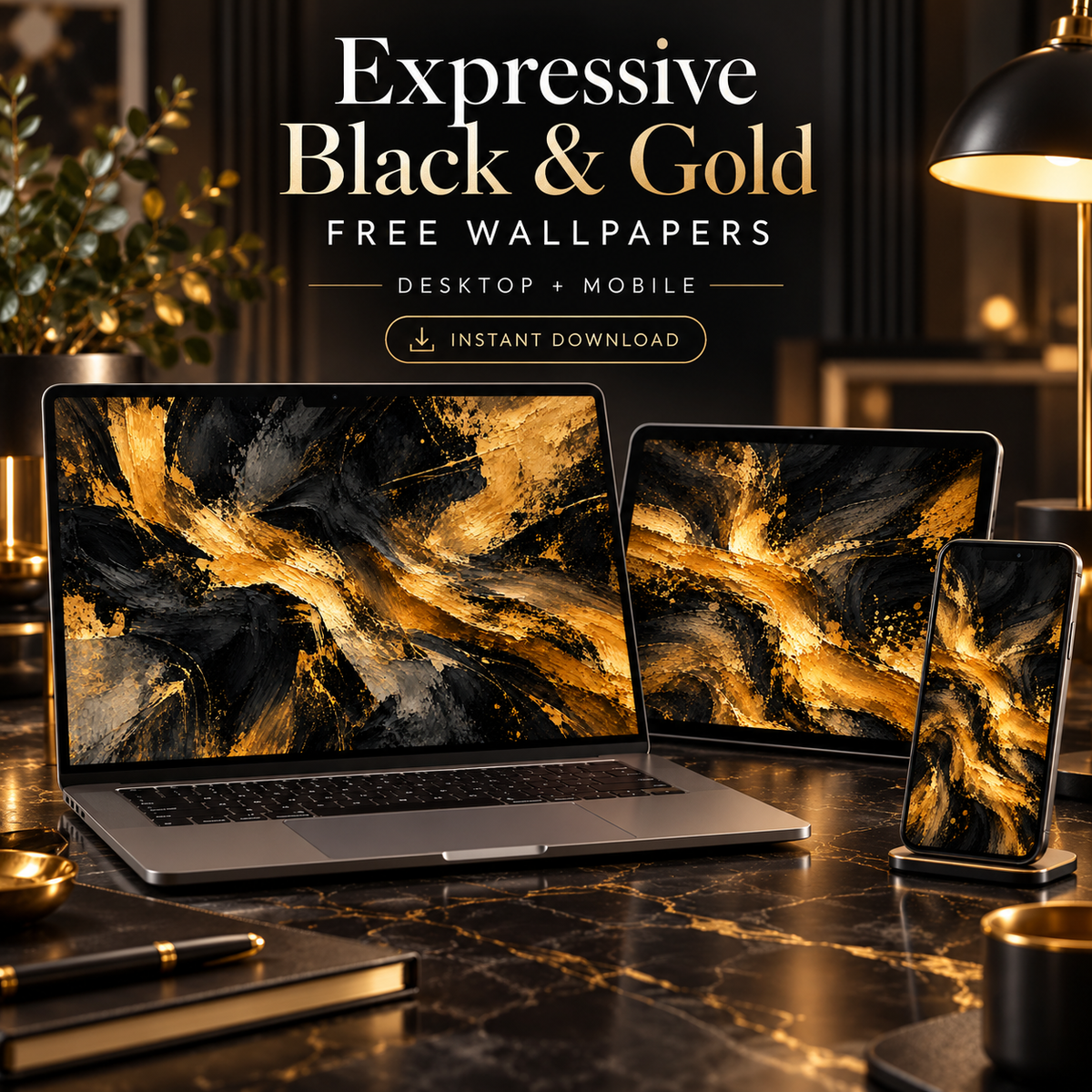 Expressive Black & Gold – Free 4K Wallpaper | Digital Download