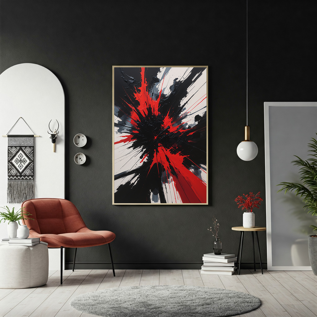 Abstract eruption impasto digital art print featuring bold black and red textured wall decor by Reflectionare.