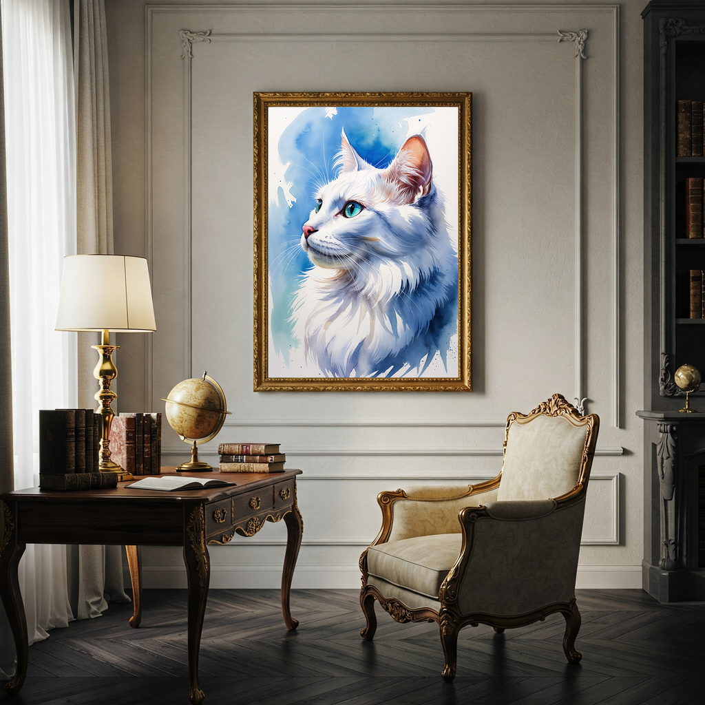 Watercolor white Angora cat portrait above a desk in a study
