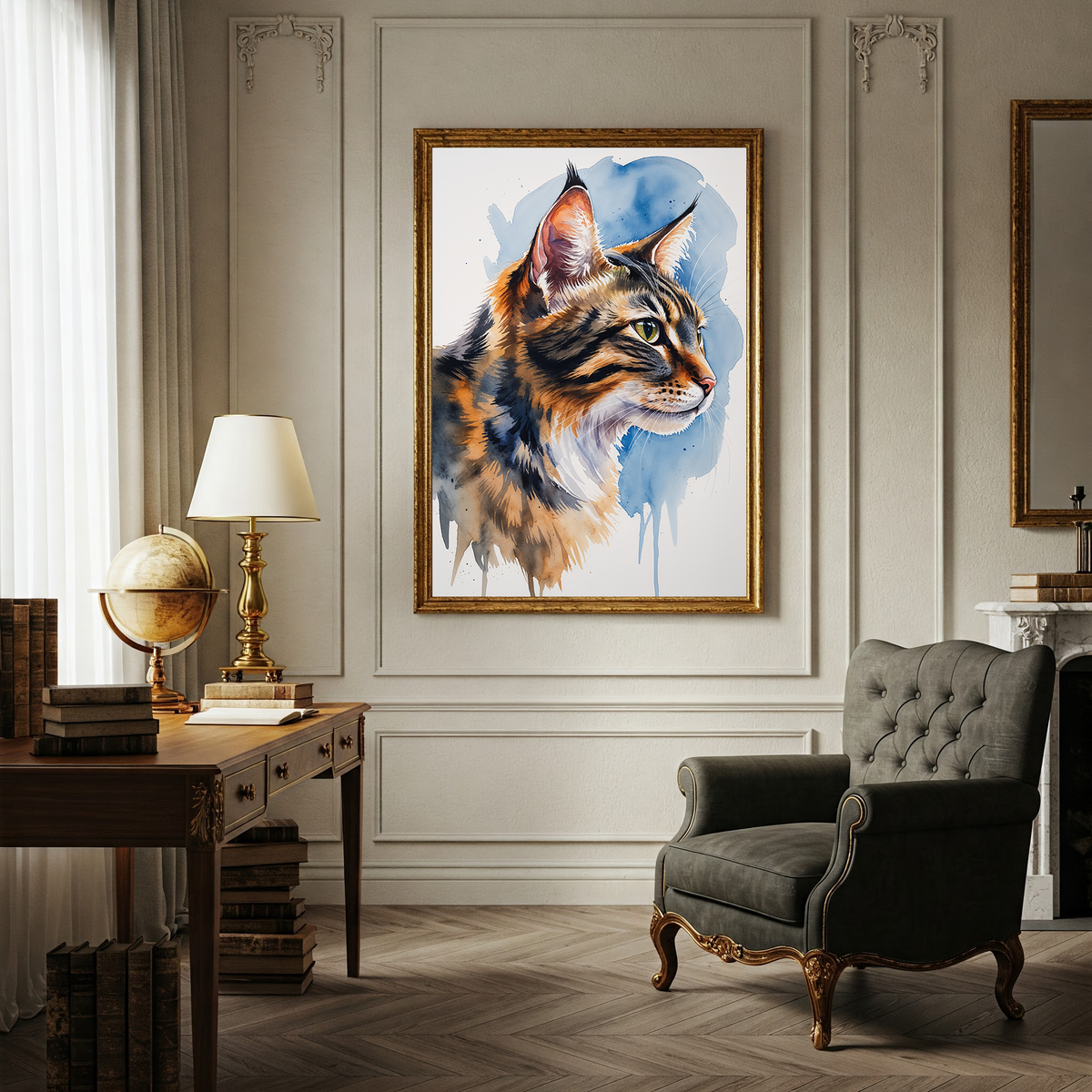 Watercolor Siberian cat portrait above a desk in a study
