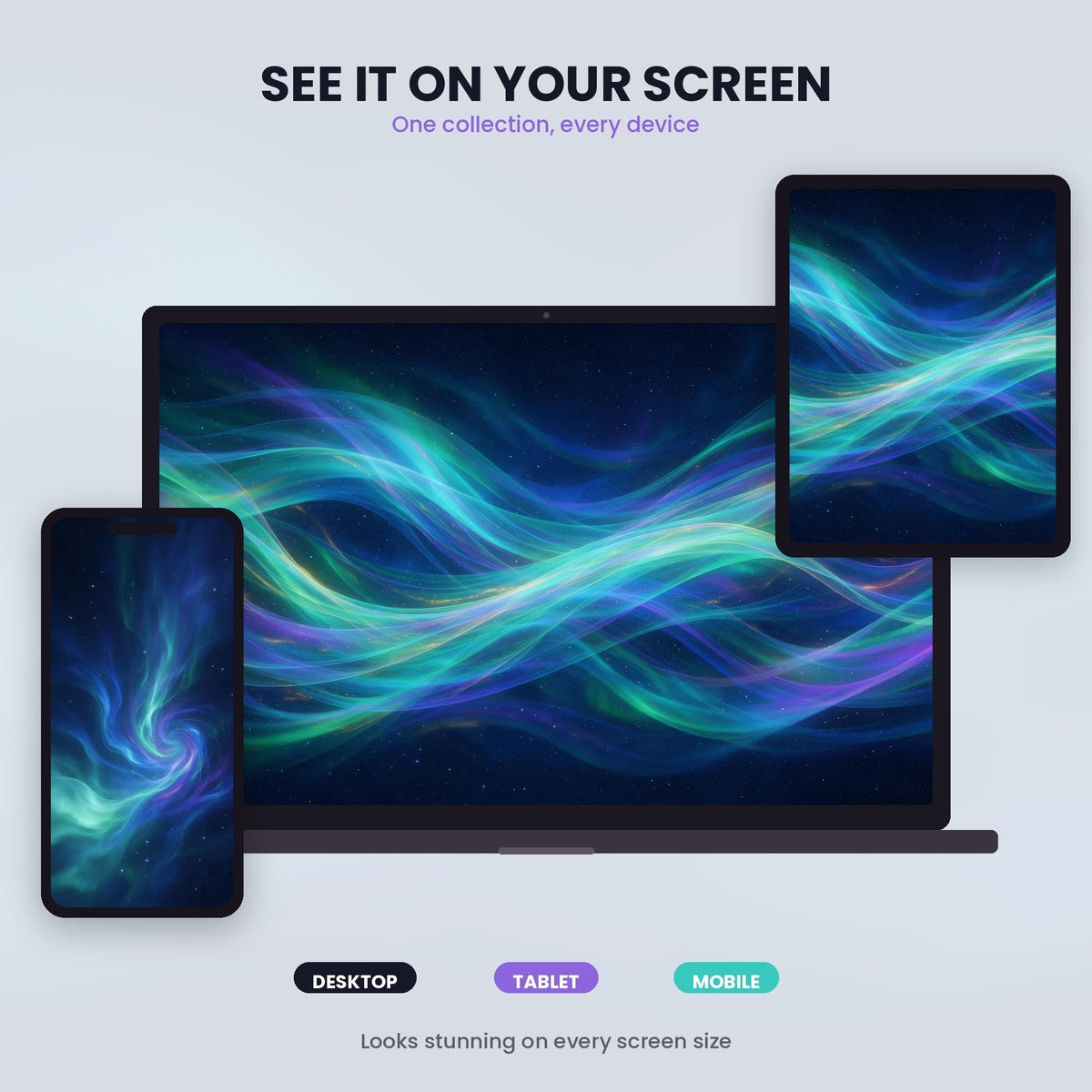 Cosmic Aurora wallpaper displayed across desktop, tablet and mobile screens