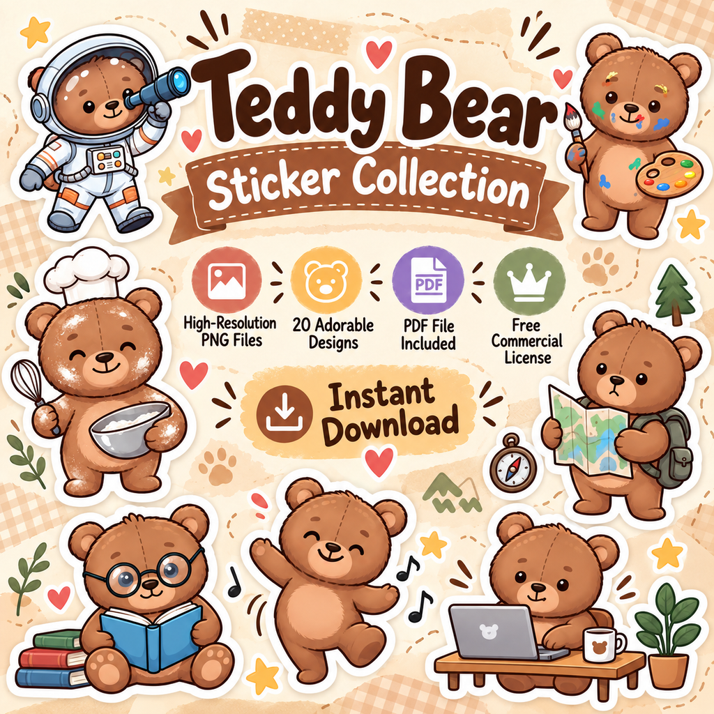 Cute Teddy Bear Stickers PNG Clipart Pack | Digital Download