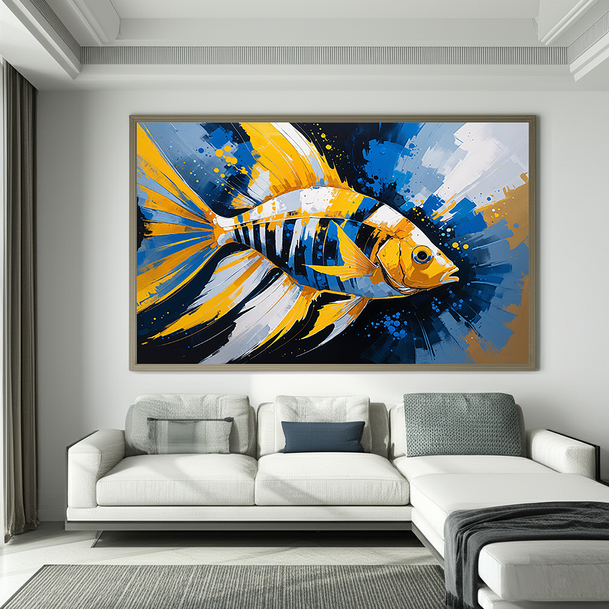 Vibrant Yellow and Blue Striped Fish Painting | Digital Download