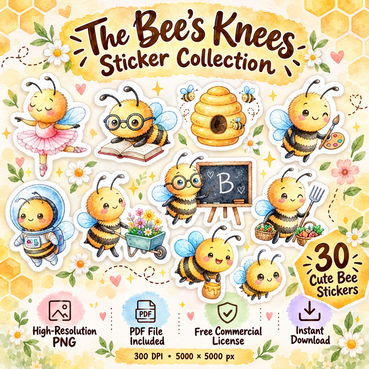 Cute Bumble Bee Stickers PNG Clipart Pack | Digital Download