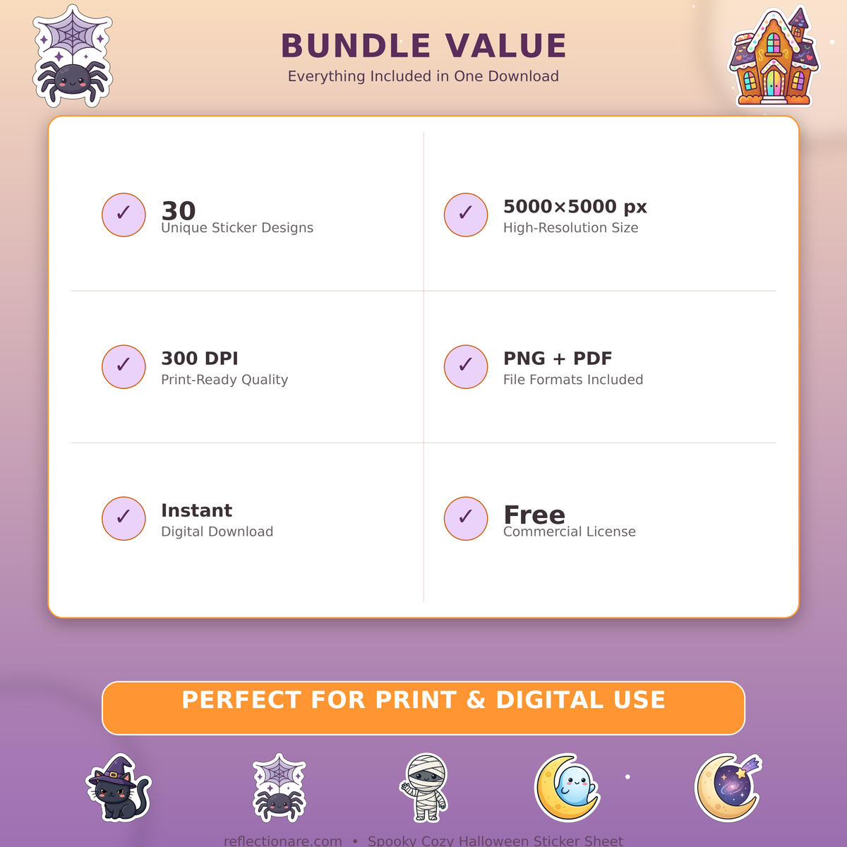 Spooky Cozy Halloween Sticker Sheet - 30 PNG Clipart Pack