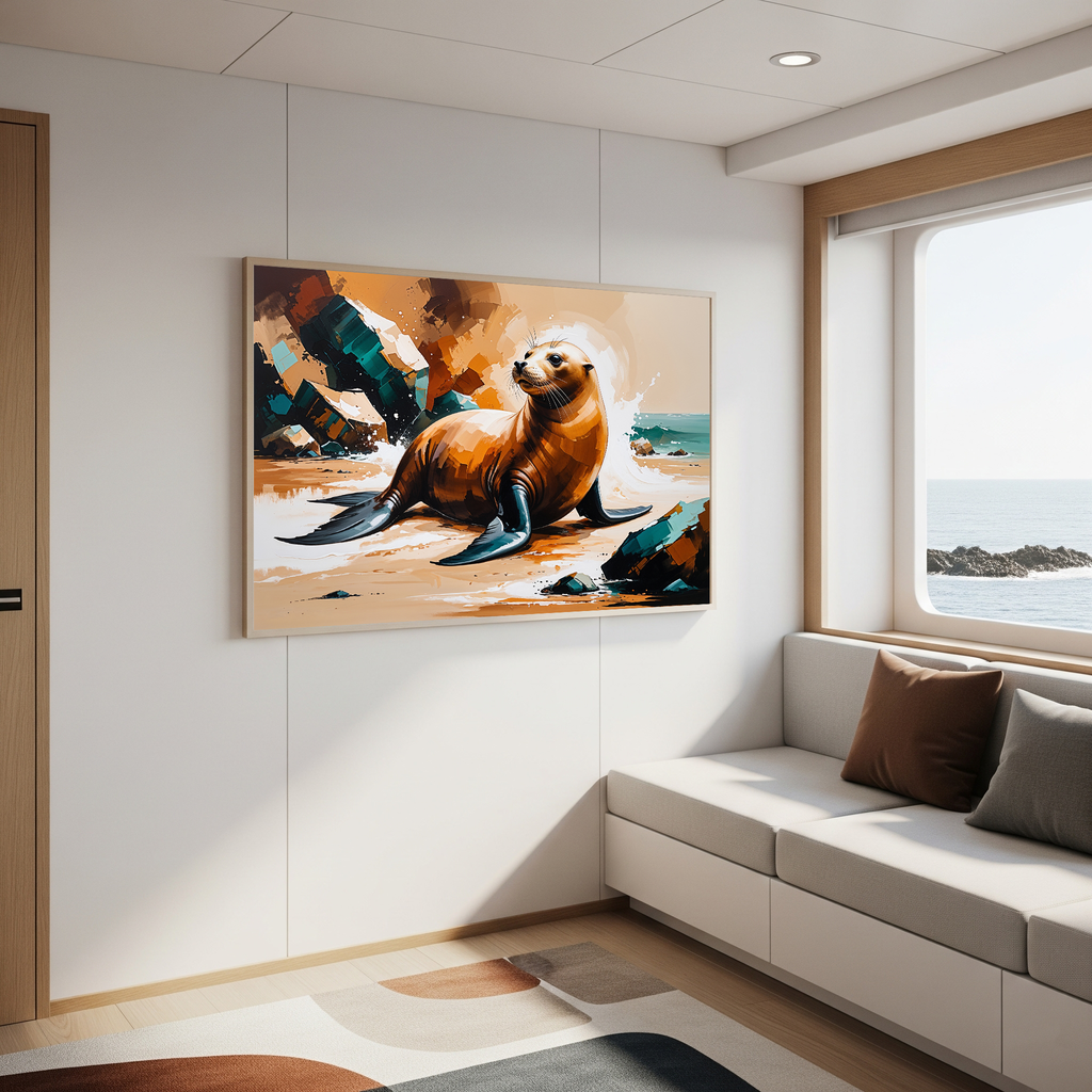 Vibrant Sea Lion Beach Painting Wall Art | Digital Download