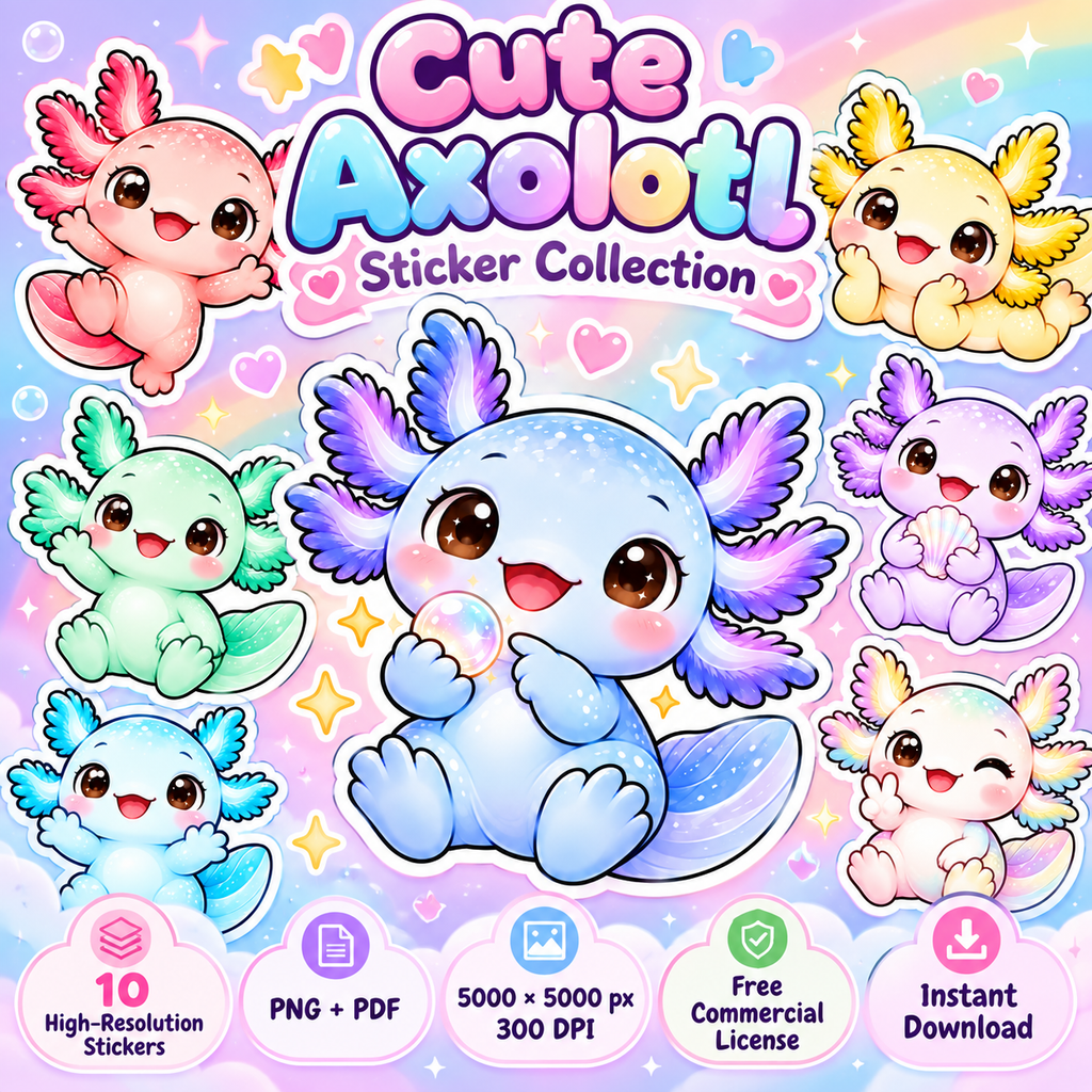 Cute Axolotl Stickers PNG Clipart Pack | Digital Download