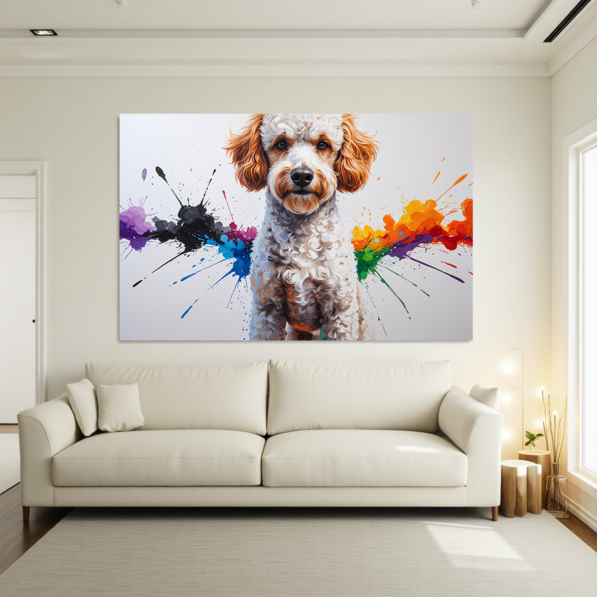 Colorful Poodle digital wall art with expressive abstract paint splashes