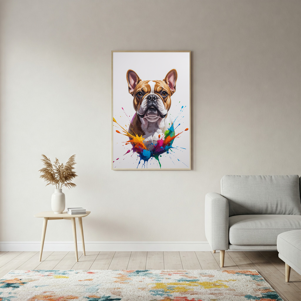 Colorful French Bulldog digital art by Reflectionare, featuring vibrant, abstract design and bold color splashes on a white background.