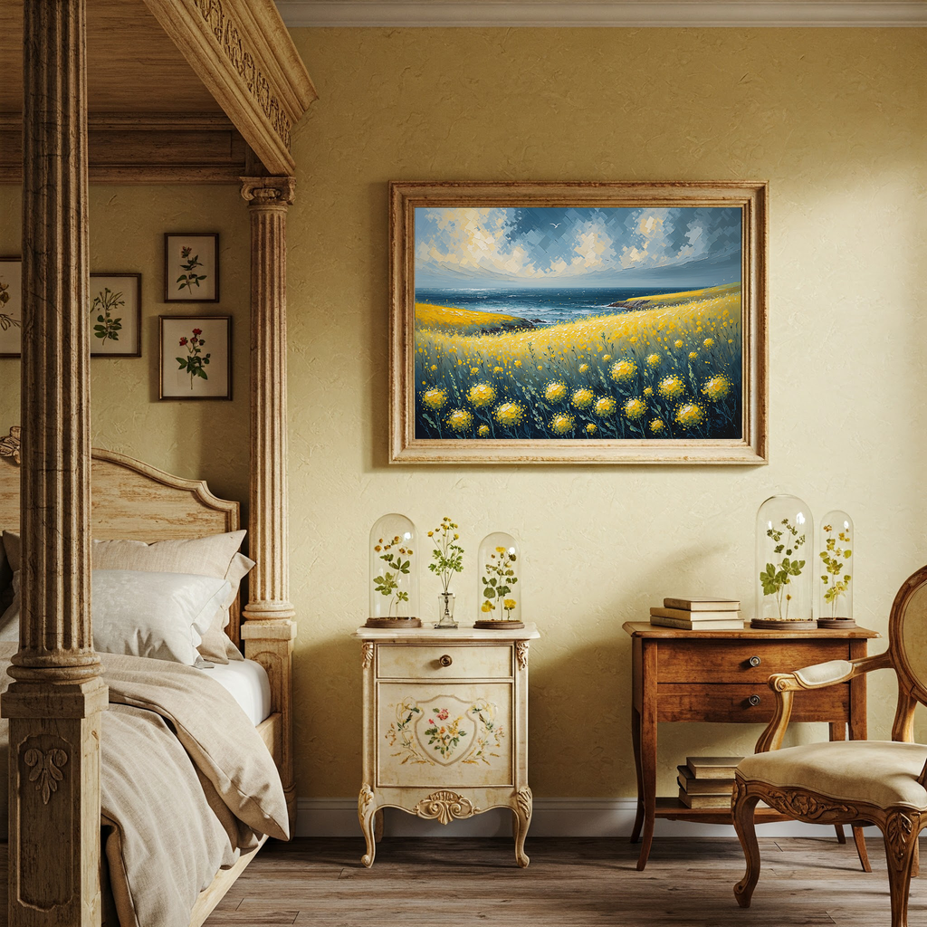 Yellow Wildflowers Ocean Coast Oil Painting | Digital Download