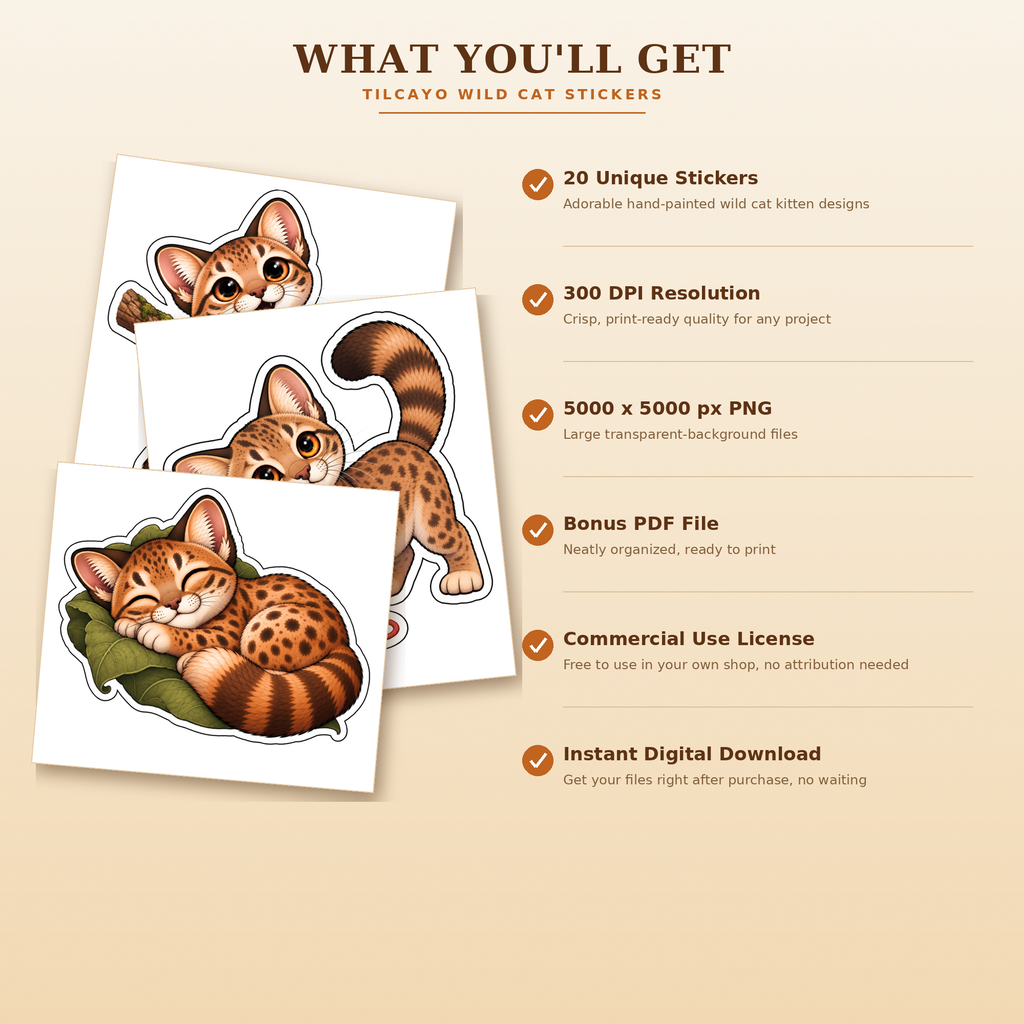 Spotted Tilcayo cat sticker illustrations for planners and crafts