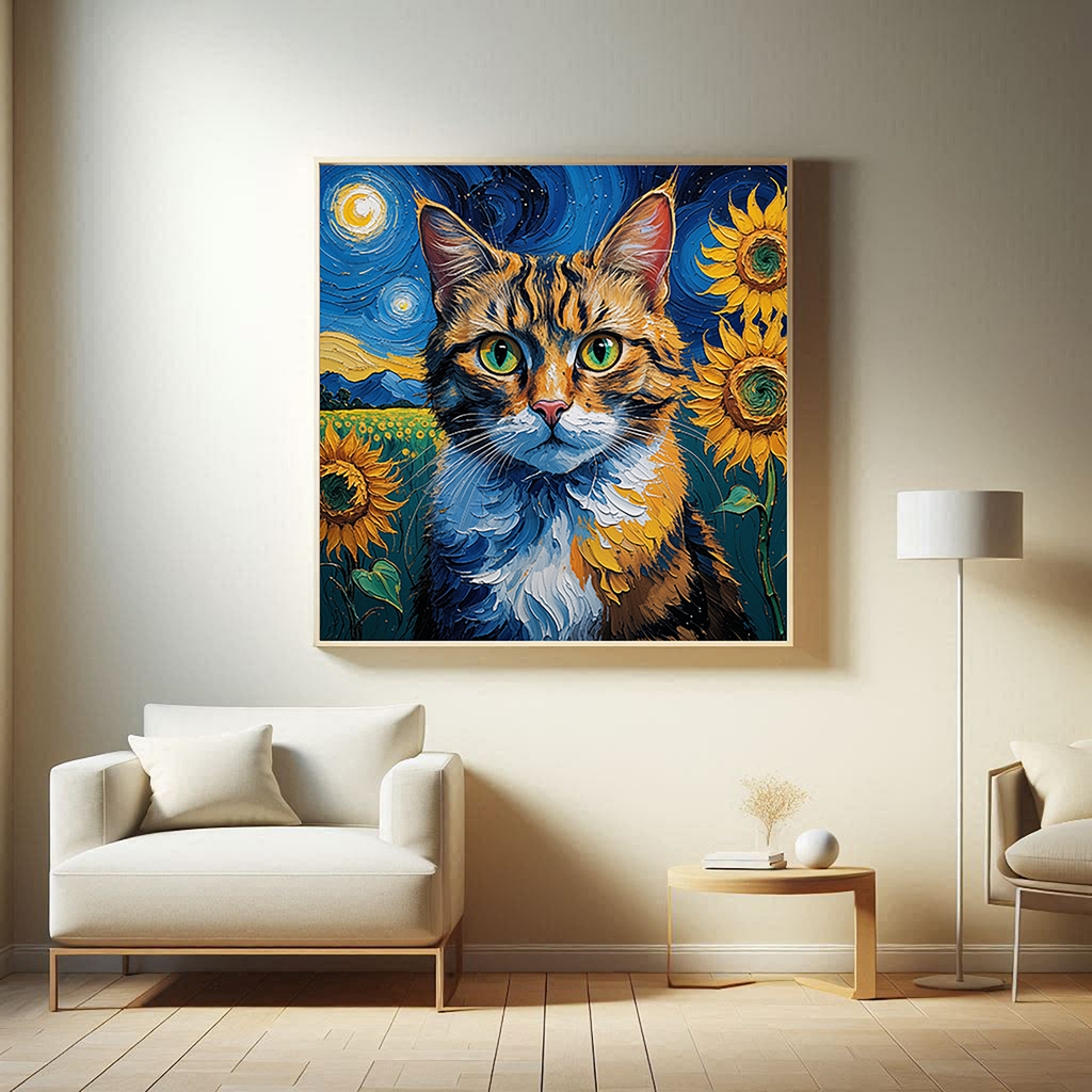 Van Gogh Style Starry Night Cat Sunflower Wall Art — alternate product preview