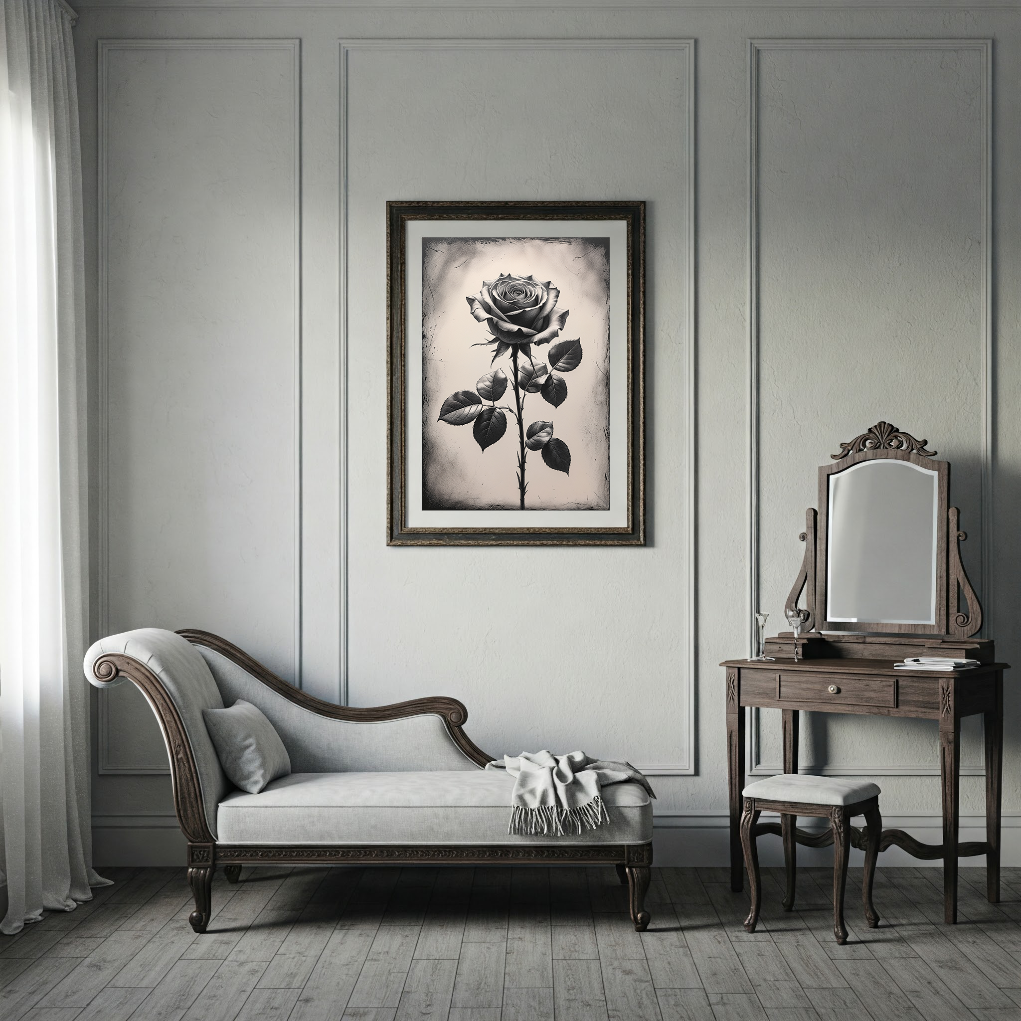 Vintage Monochrome Rose Wall Art Print | Black and White Floral Decor