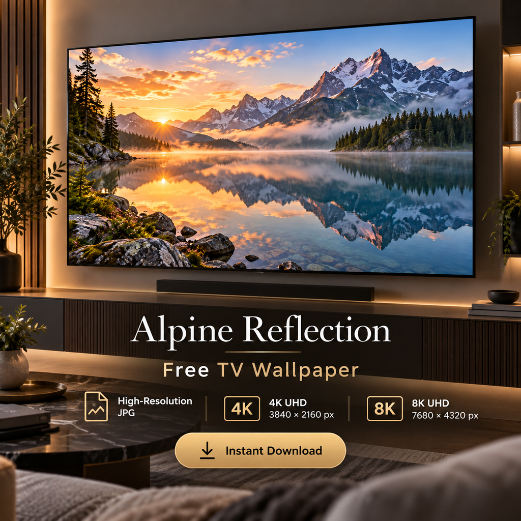 Alpine Reflection scenic TV wallpaper shown on a large screen above a console table