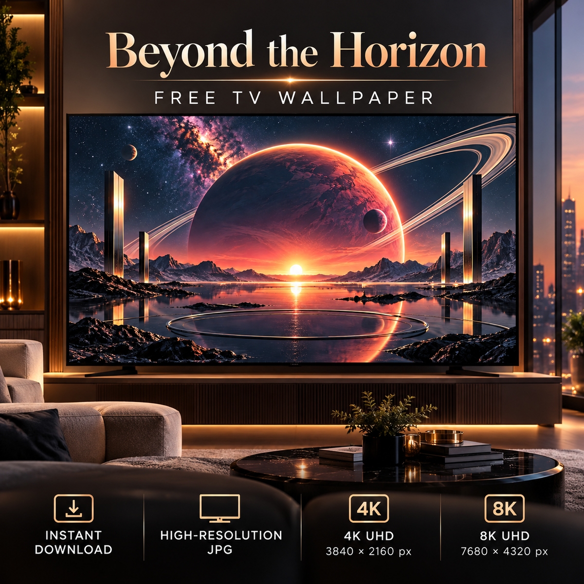 Beyond the Horizon sci-fi TV wallpaper shown on a large screen in a modern living room