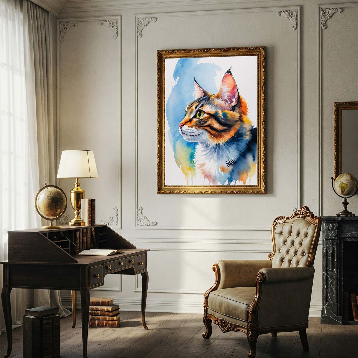 Watercolor tabby cat portrait above a desk in a study