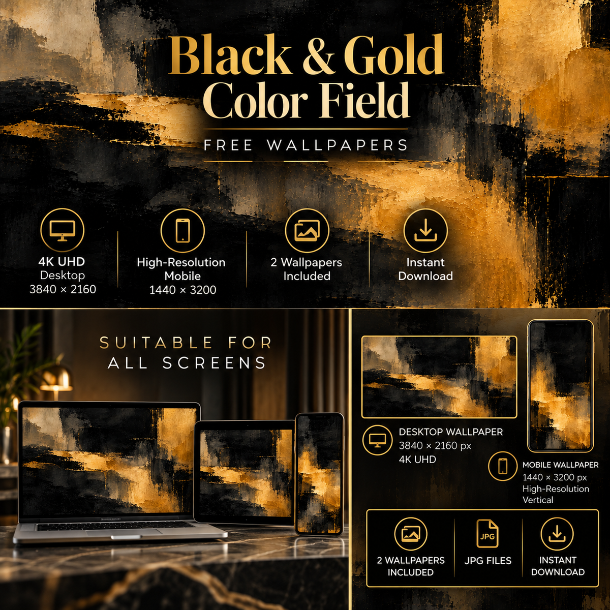 Black & Gold Color Field – Free 4K Wallpaper | Digital Download