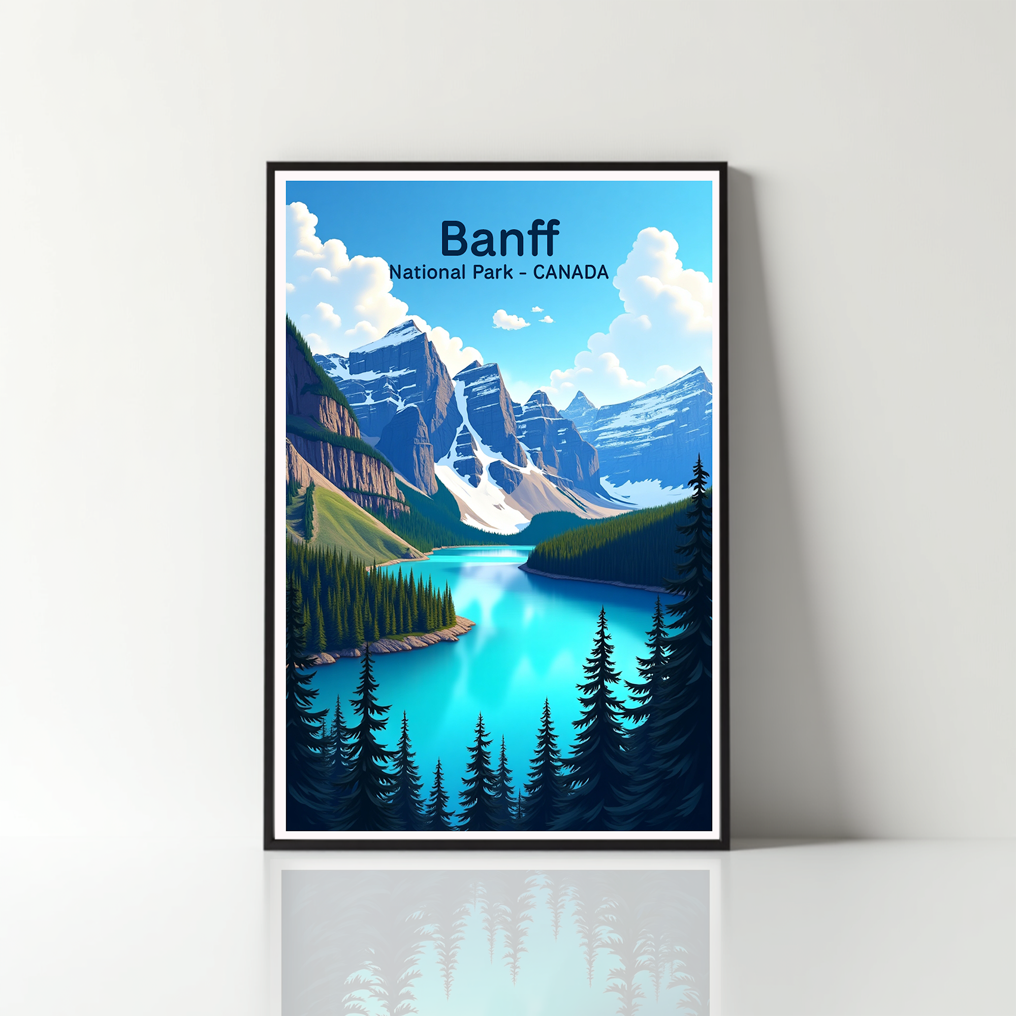 Digital art of Banff National Park by Reflectionare, showcasing mountain scenery and lush forest in a vibrant, scenic landscape image.