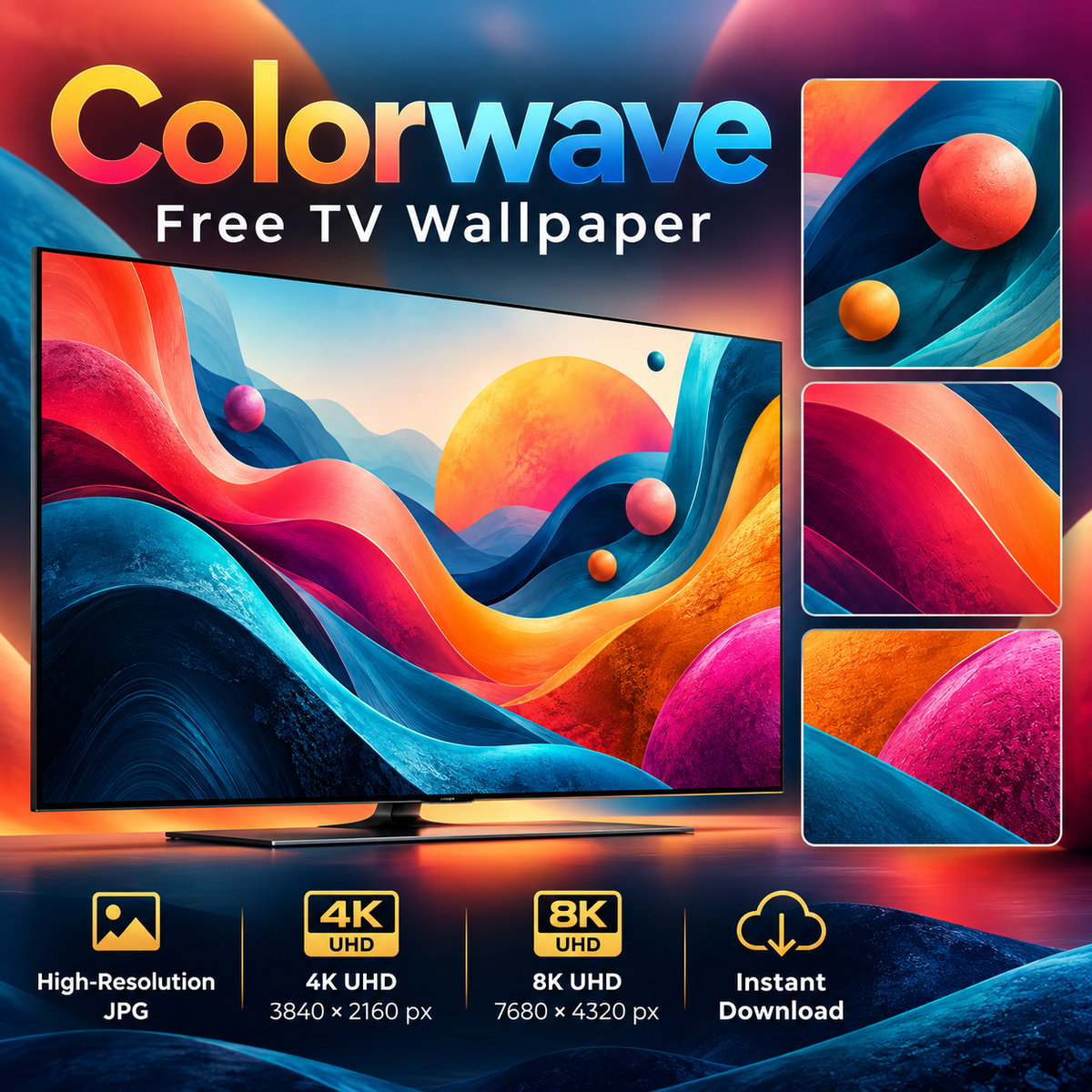 Colorwave TV wallpaper collage with colorful wave details and instant download information