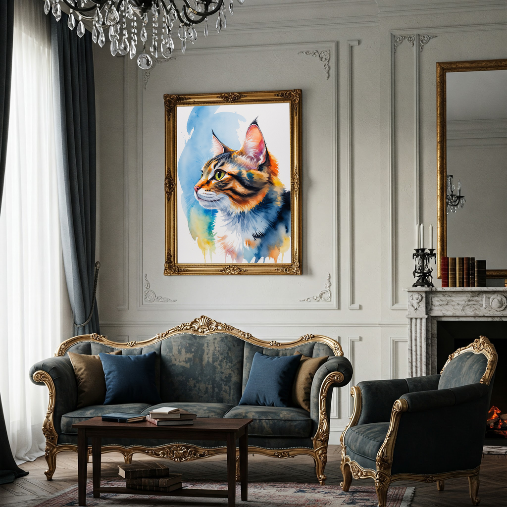 Watercolor tabby cat portrait above a sofa in a classic living room