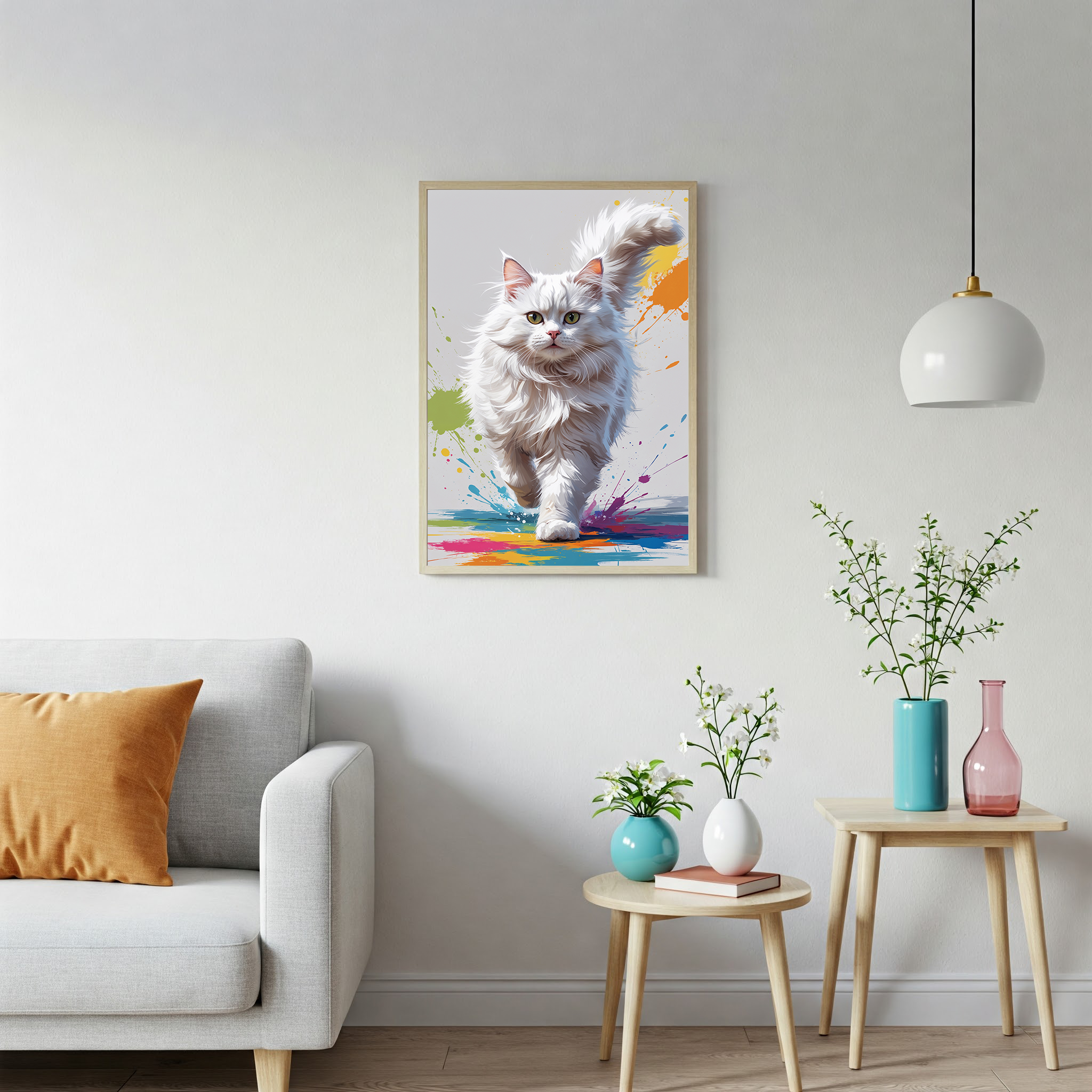 Fluffy White Cat Colorful Splash Art Print