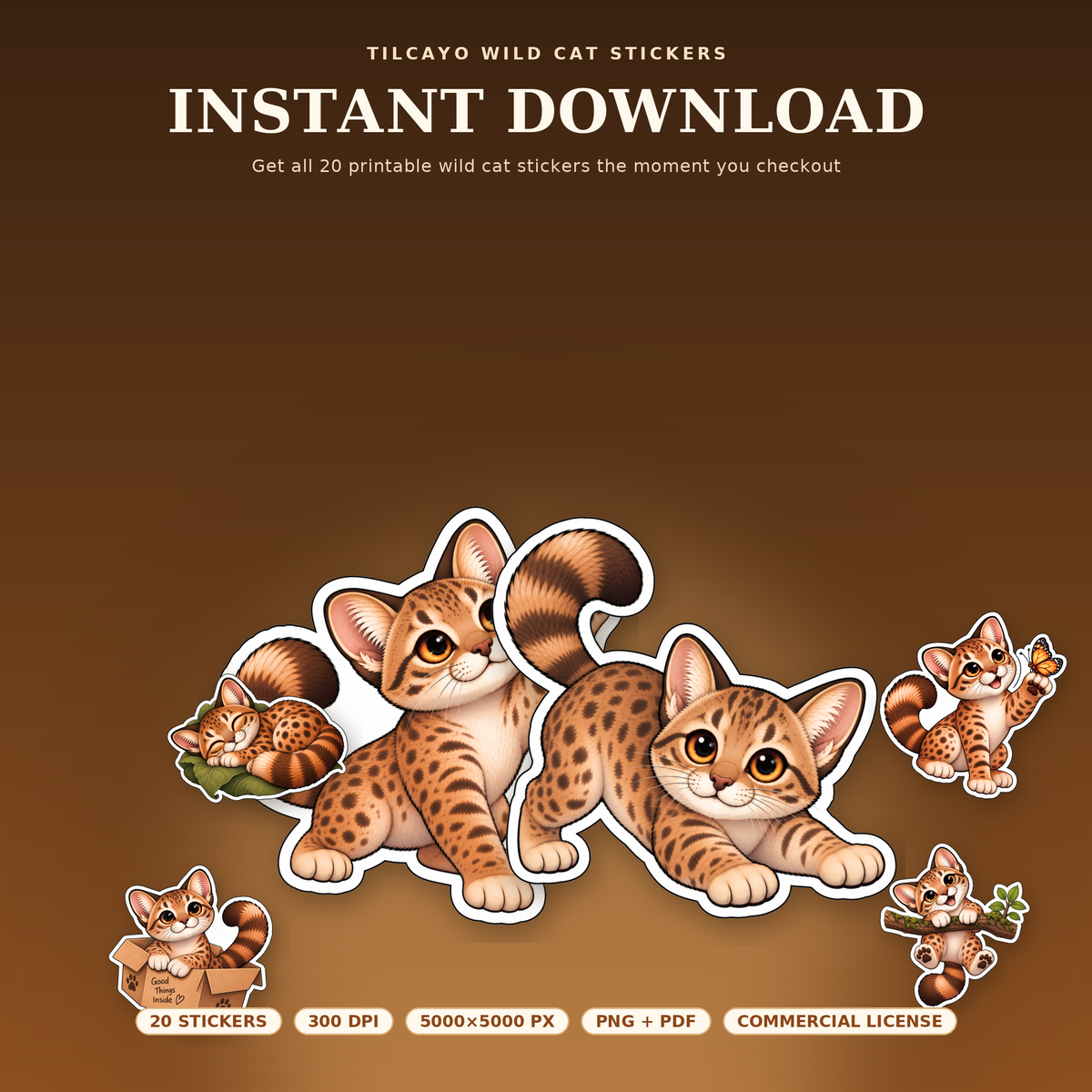 Cute wild cat clipart sticker bundle digital download preview