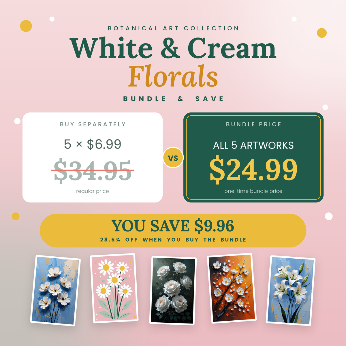 White & Cream Florals - 5 Premium Botanical Wall Art Prints Bundle