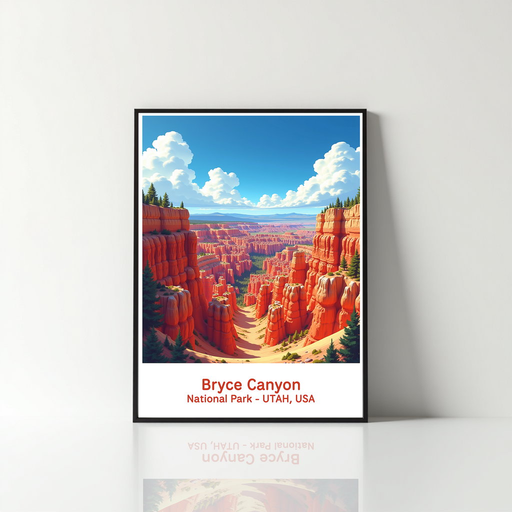 Reflectionare digital art of Bryce Canyon National Park showcasing vibrant orange hoodoos and rugged canyon landscapes.