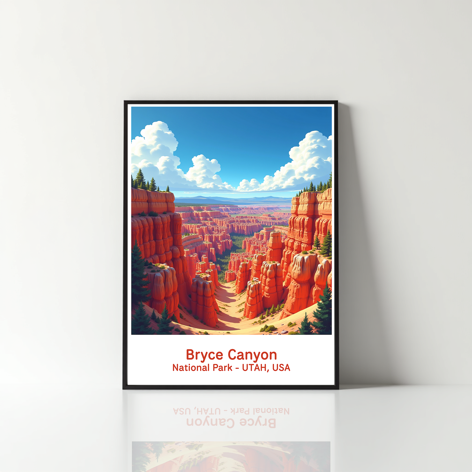 Reflectionare digital art of Bryce Canyon National Park showcasing vibrant orange hoodoos and rugged canyon landscapes.