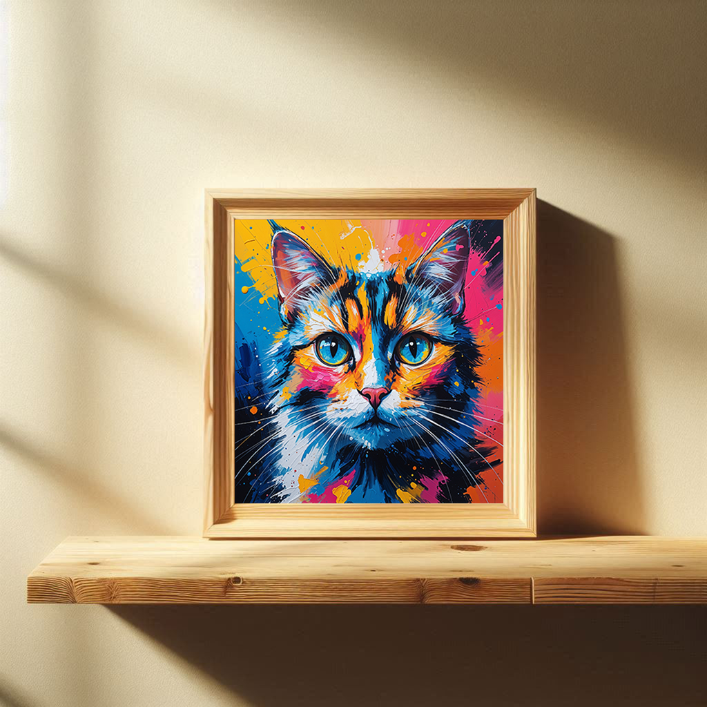 Abstract cat portrait digital art by Reflectionare featuring vibrant colors and artistic feline imagery.
