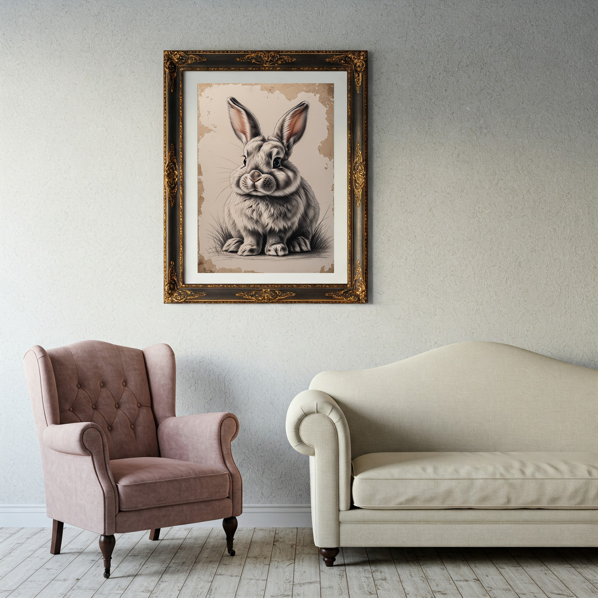 Vintage bunny portrait art print by Reflectionare, featuring a retro animal wall decor digital art piece with a charming bunny illustration.