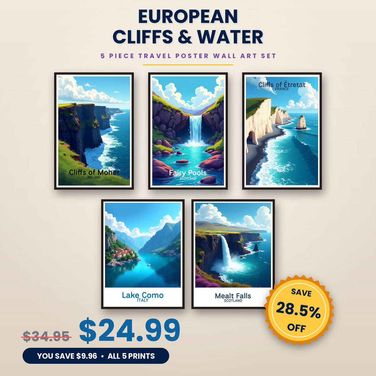 European Cliffs & Water - 5 Premium Wall Art Prints Bundle