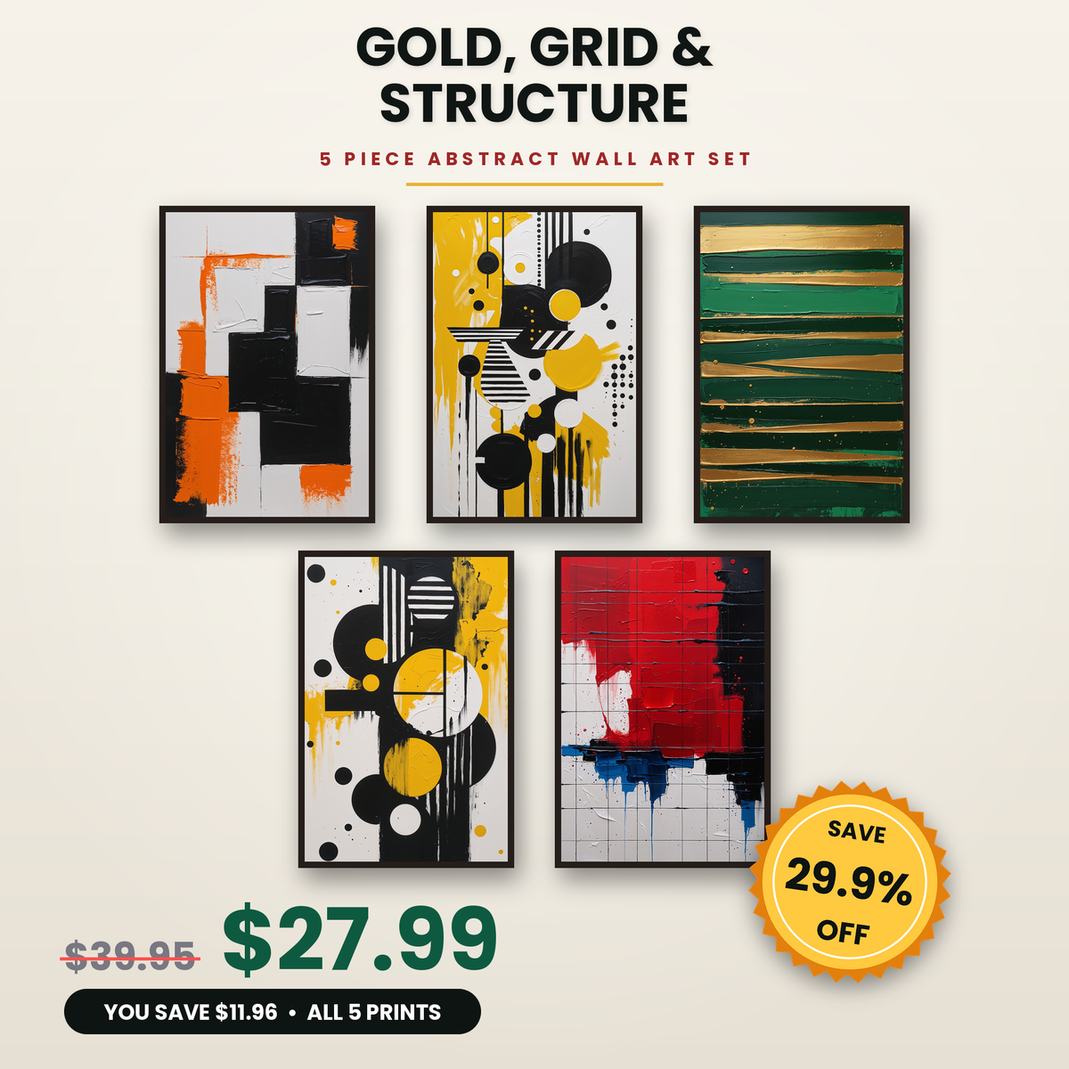 Gold, Grid & Structure - 5 Premium Abstract Wall Art Prints Bundle